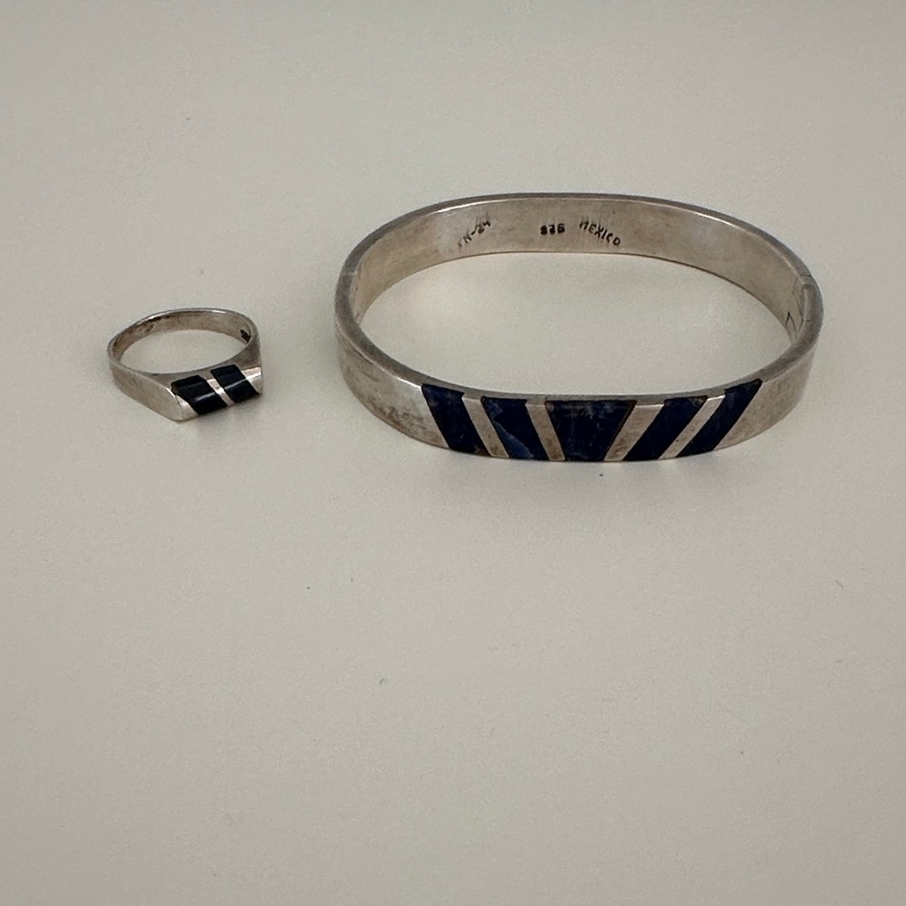Sterling Silver Inlay Bracelet & Ring Set with Black Chevron Inlay